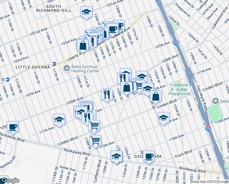 map of restaurants, bars, coffee shops, grocery stores, and more near 109-23 125th Street in Queens