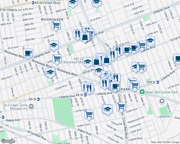 map of restaurants, bars, coffee shops, grocery stores, and more near 90-14 101st Avenue in Queens