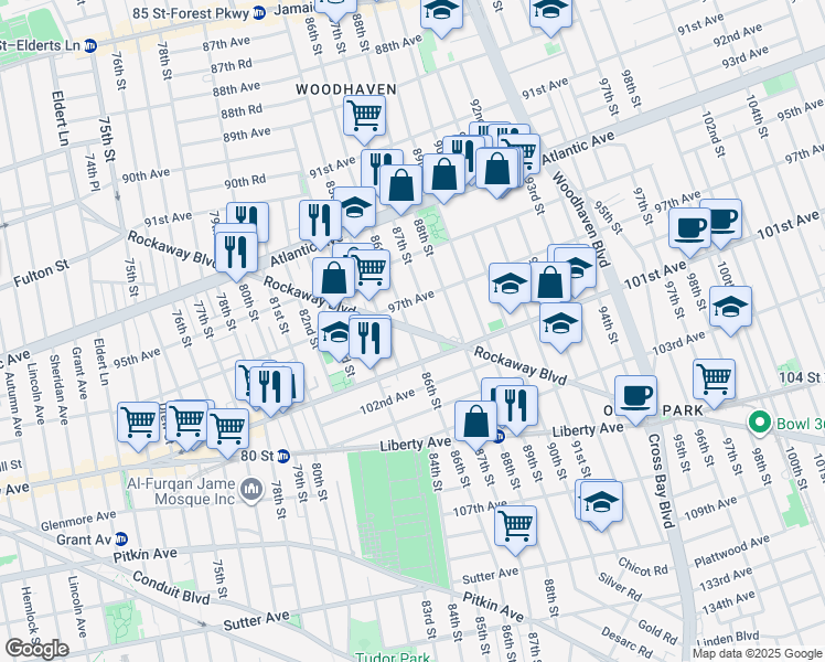 map of restaurants, bars, coffee shops, grocery stores, and more near 86-04 Rockaway Boulevard in Queens