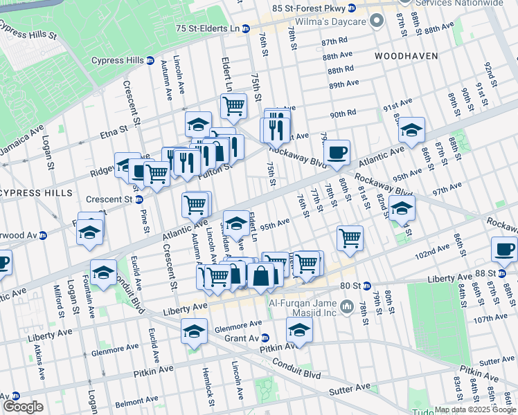 map of restaurants, bars, coffee shops, grocery stores, and more near in Queens