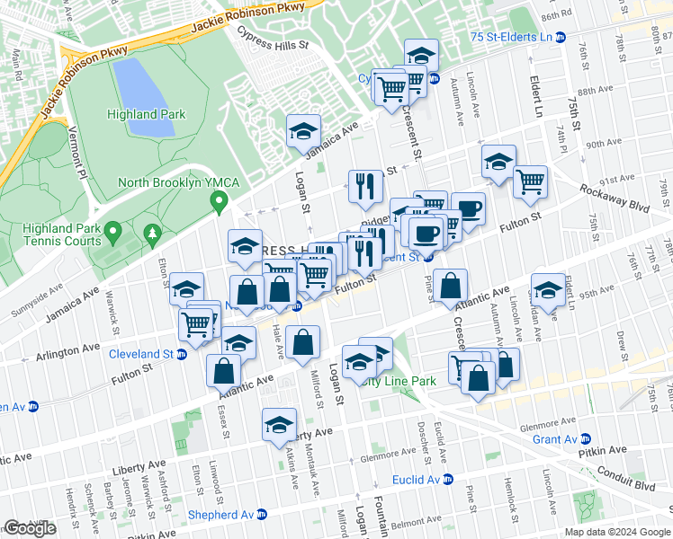 map of restaurants, bars, coffee shops, grocery stores, and more near 183 Richmond Street in Brooklyn