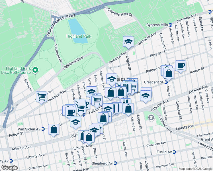 map of restaurants, bars, coffee shops, grocery stores, and more near 170 Ridgewood Avenue in Brooklyn