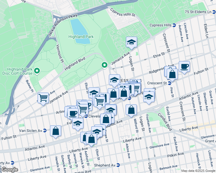 map of restaurants, bars, coffee shops, grocery stores, and more near 170 Ridgewood Avenue in Brooklyn