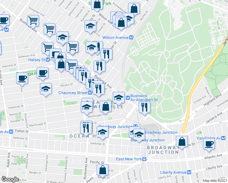 map of restaurants, bars, coffee shops, grocery stores, and more near 1503 Bushwick Avenue in Brooklyn