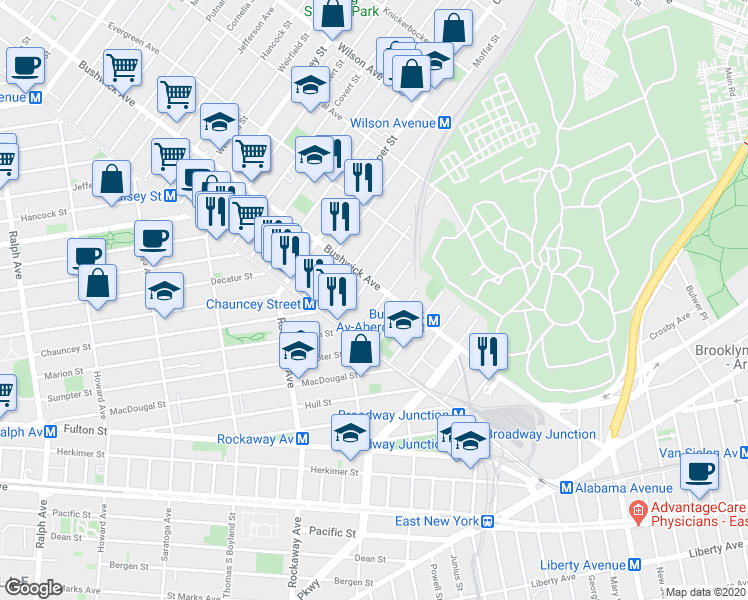 map of restaurants, bars, coffee shops, grocery stores, and more near 1469 Bushwick Avenue in Brooklyn