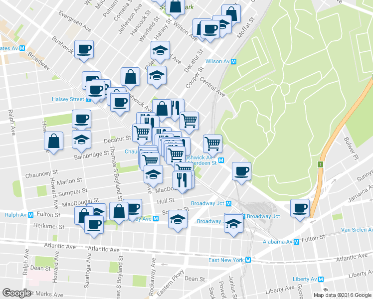 map of restaurants, bars, coffee shops, grocery stores, and more near 1469 Bushwick Avenue in Brooklyn