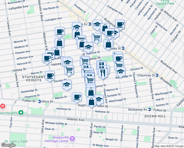 map of restaurants, bars, coffee shops, grocery stores, and more near 545 Decatur Street in Brooklyn