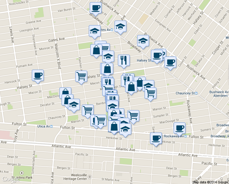 map of restaurants, bars, coffee shops, grocery stores, and more near 545 Decatur Street in Brooklyn