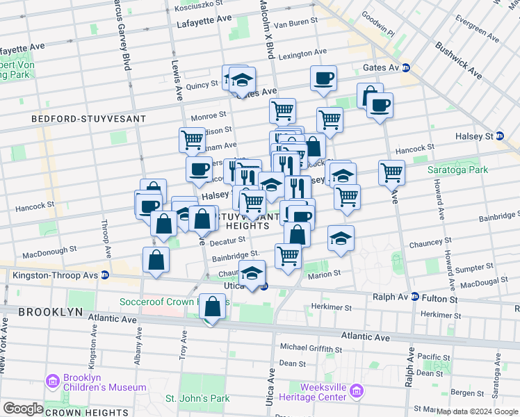 map of restaurants, bars, coffee shops, grocery stores, and more near 500 Macon Street in Brooklyn