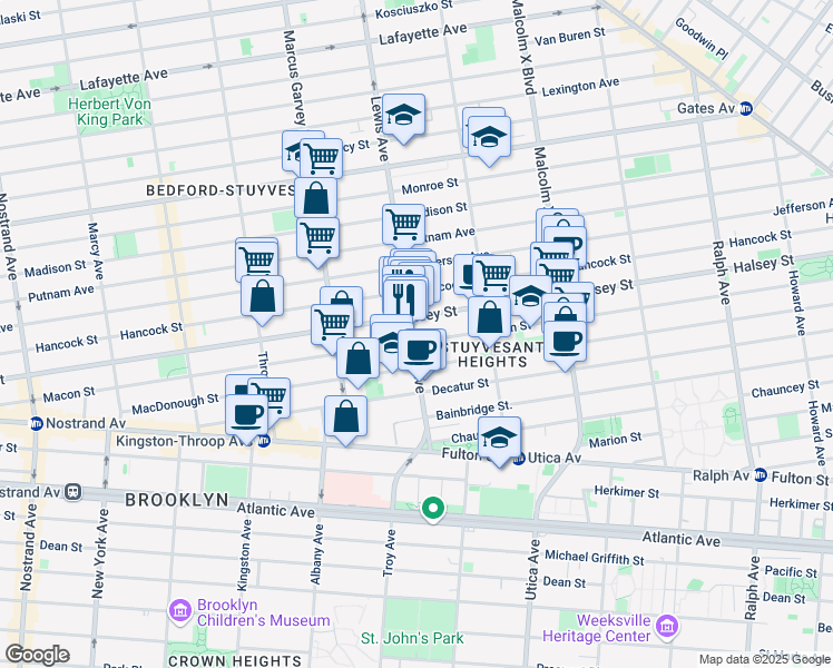 map of restaurants, bars, coffee shops, grocery stores, and more near 365 Lewis Avenue in Brooklyn