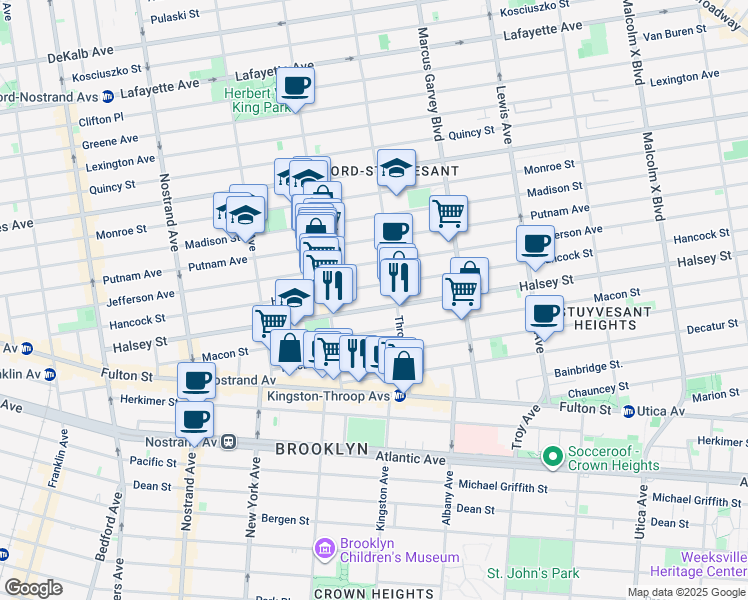 map of restaurants, bars, coffee shops, grocery stores, and more near 269 Halsey Street in Brooklyn