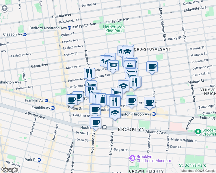 map of restaurants, bars, coffee shops, grocery stores, and more near 231 Hancock Street in Brooklyn
