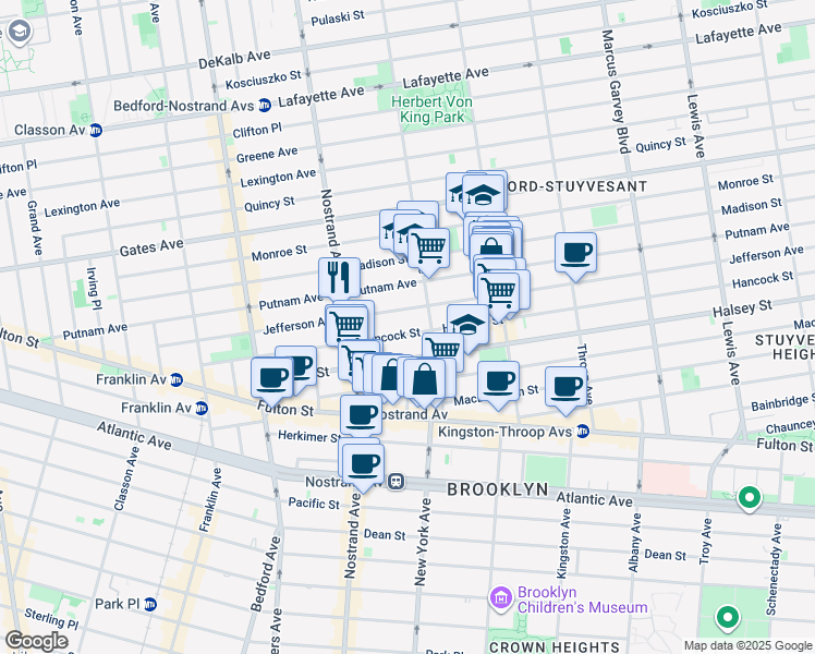 map of restaurants, bars, coffee shops, grocery stores, and more near 231 Hancock Street in Brooklyn