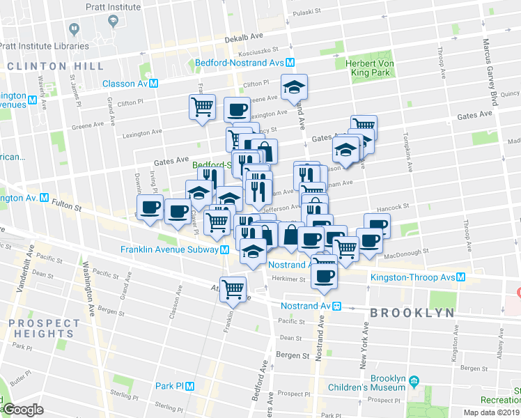 map of restaurants, bars, coffee shops, grocery stores, and more near 103 Jefferson Avenue in Brooklyn