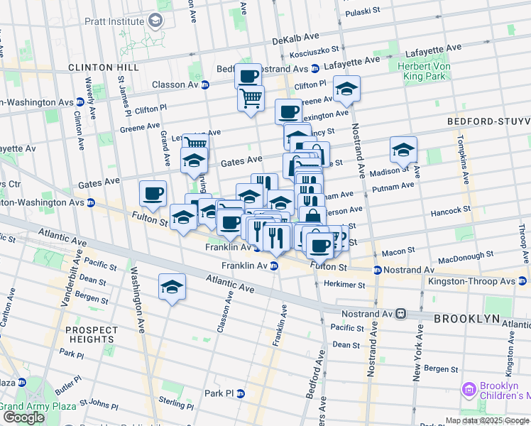 map of restaurants, bars, coffee shops, grocery stores, and more near 463 Franklin Avenue in Brooklyn