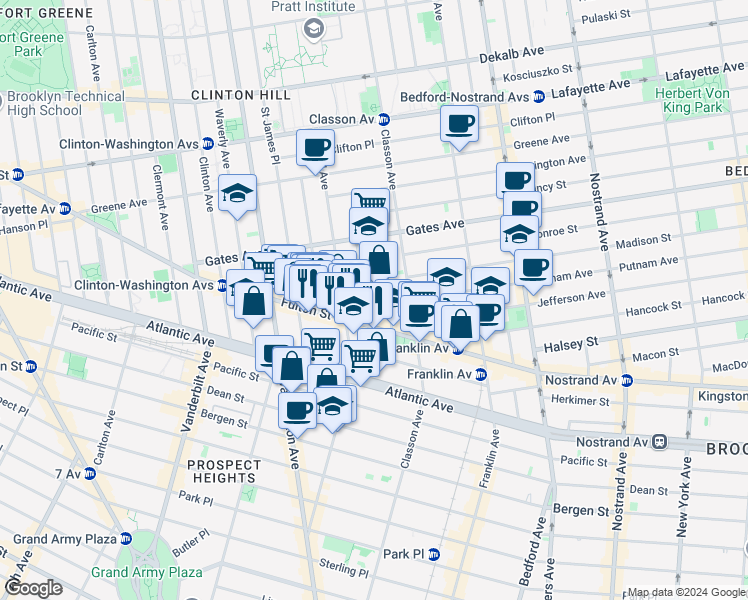 map of restaurants, bars, coffee shops, grocery stores, and more near 43 Putnam Avenue in Brooklyn