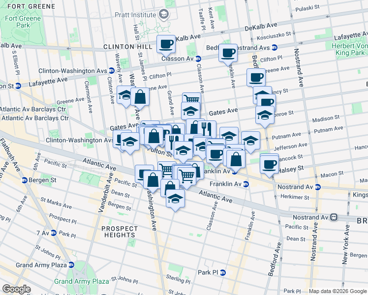 map of restaurants, bars, coffee shops, grocery stores, and more near 43 Putnam Avenue in Brooklyn