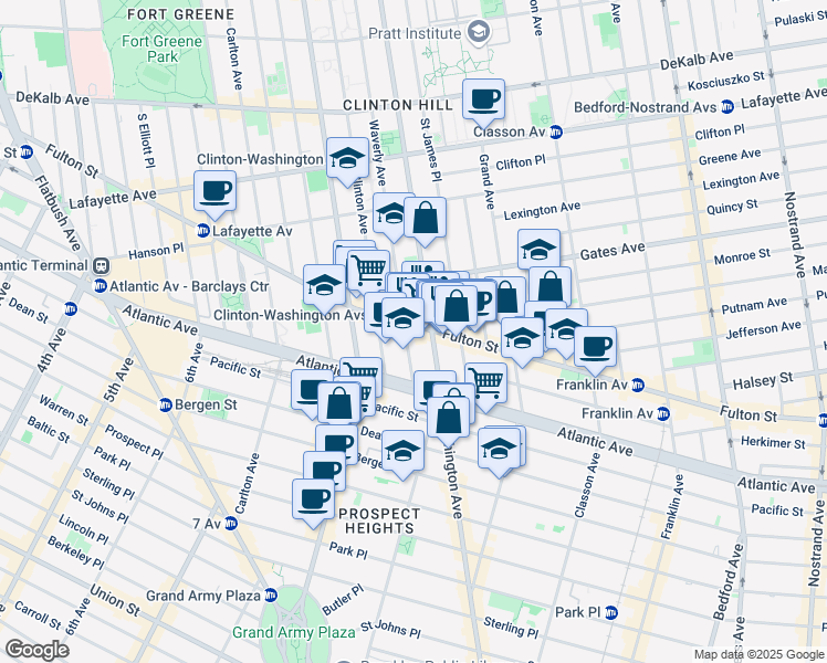 map of restaurants, bars, coffee shops, grocery stores, and more near 900 Fulton Street in Brooklyn
