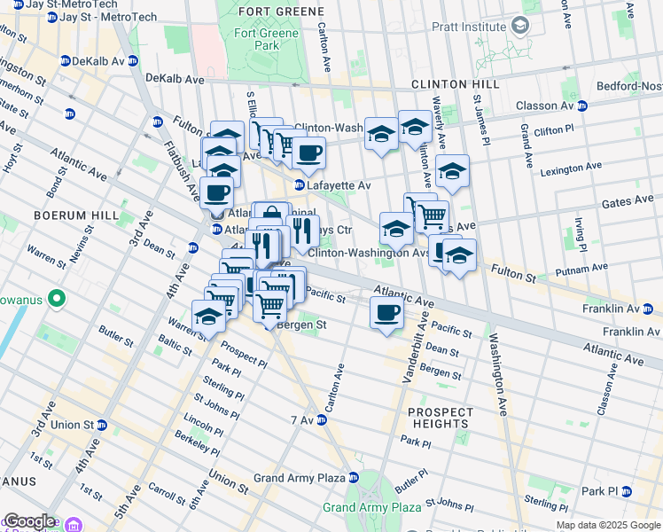 map of restaurants, bars, coffee shops, grocery stores, and more near 213 South Oxford Street in Brooklyn