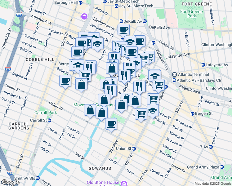 map of restaurants, bars, coffee shops, grocery stores, and more near 484 Warren Street in Brooklyn
