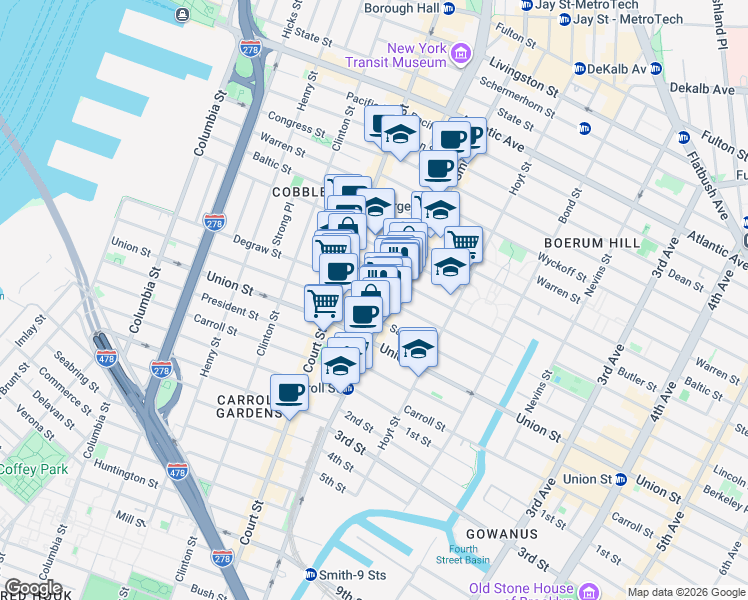 map of restaurants, bars, coffee shops, grocery stores, and more near 350 Degraw Street in Brooklyn