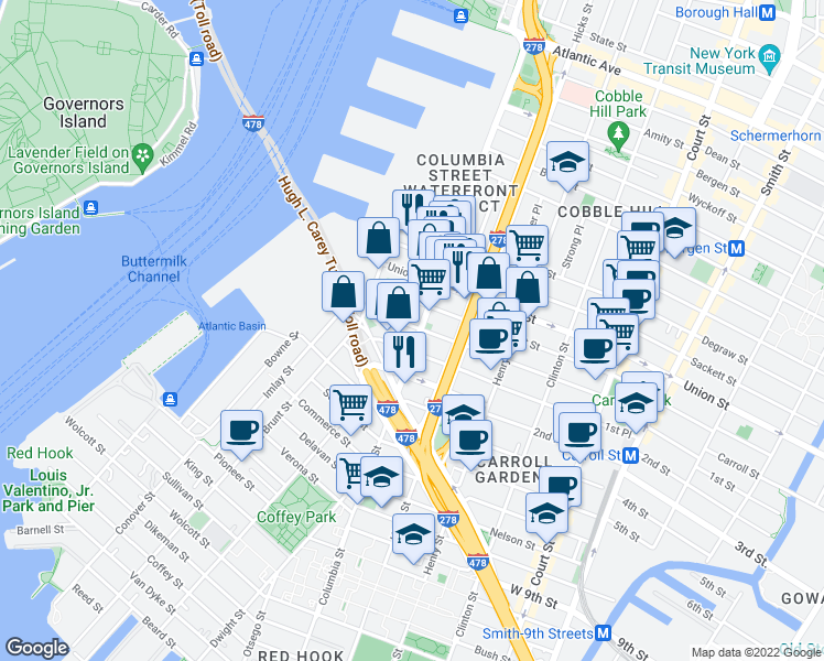 map of restaurants, bars, coffee shops, grocery stores, and more near 50 Carroll Street in Brooklyn