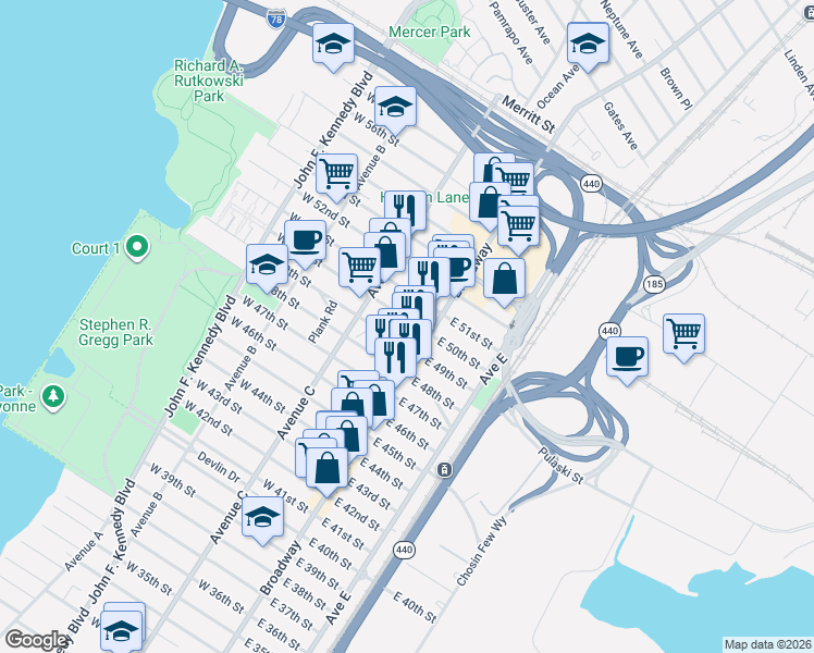 map of restaurants, bars, coffee shops, grocery stores, and more near 14 West 50th Street in Bayonne