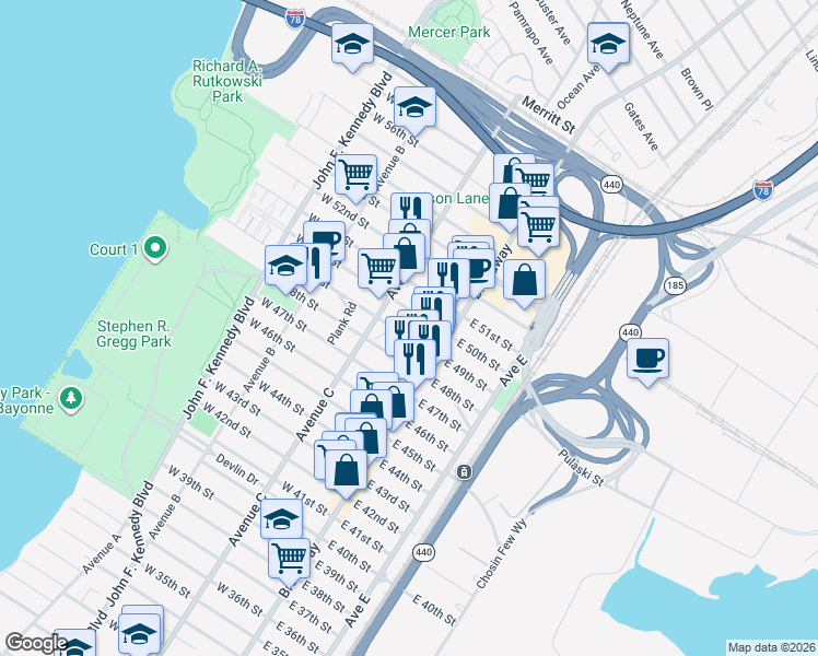map of restaurants, bars, coffee shops, grocery stores, and more near 43-45 East 49th Street in Bayonne