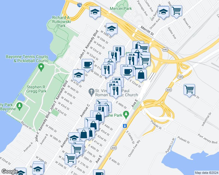 map of restaurants, bars, coffee shops, grocery stores, and more near 43-45 East 49th Street in Bayonne