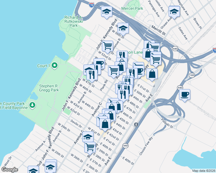 map of restaurants, bars, coffee shops, grocery stores, and more near 67 West 48th Street in Bayonne