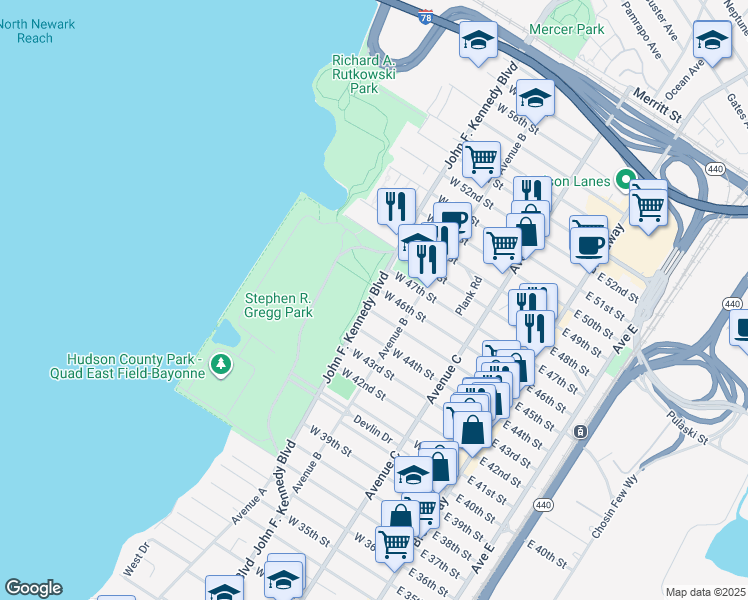 map of restaurants, bars, coffee shops, grocery stores, and more near 1074 John F. Kennedy Boulevard in Bayonne