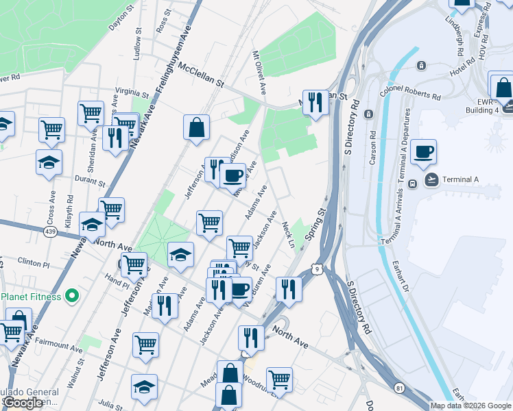 map of restaurants, bars, coffee shops, grocery stores, and more near 1052 Alina Street in Elizabeth