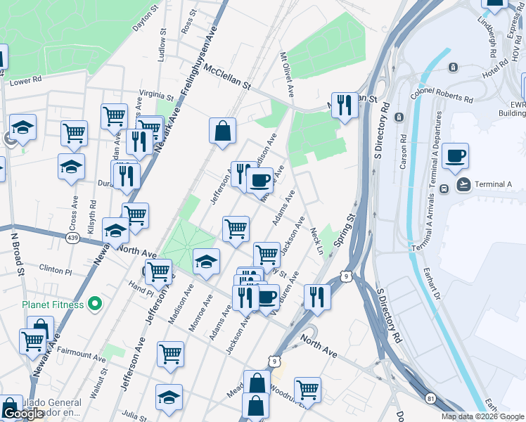 map of restaurants, bars, coffee shops, grocery stores, and more near 959 Monroe Avenue in Elizabeth
