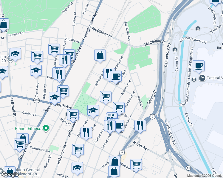 map of restaurants, bars, coffee shops, grocery stores, and more near 945 Madison Avenue in Elizabeth