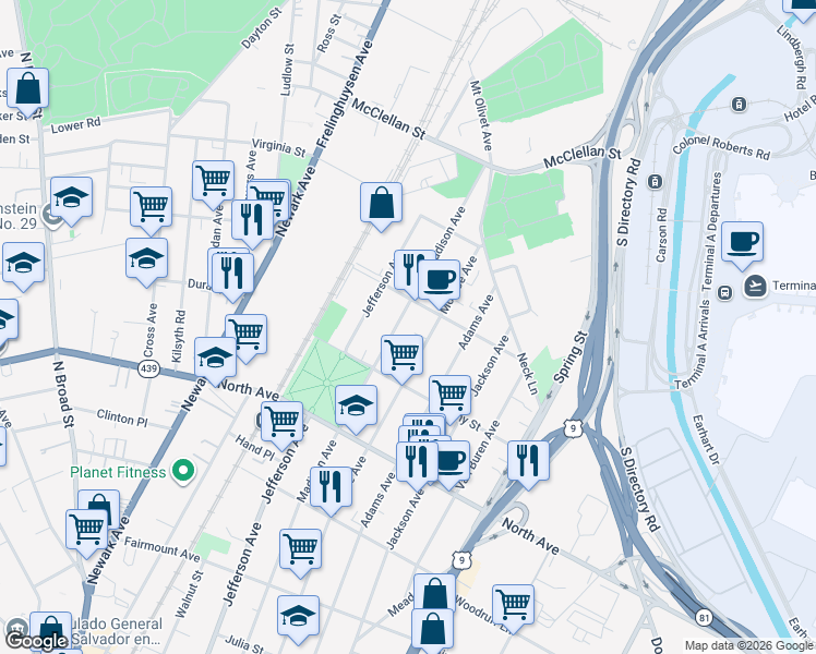 map of restaurants, bars, coffee shops, grocery stores, and more near 945 Madison Avenue in Elizabeth