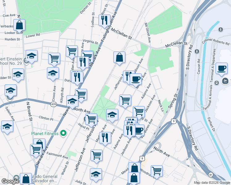 map of restaurants, bars, coffee shops, grocery stores, and more near 925 Jefferson Avenue in Elizabeth
