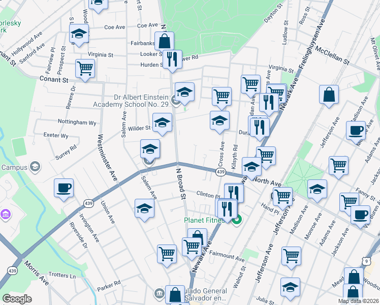 map of restaurants, bars, coffee shops, grocery stores, and more near 825 Stanton Avenue in Elizabeth