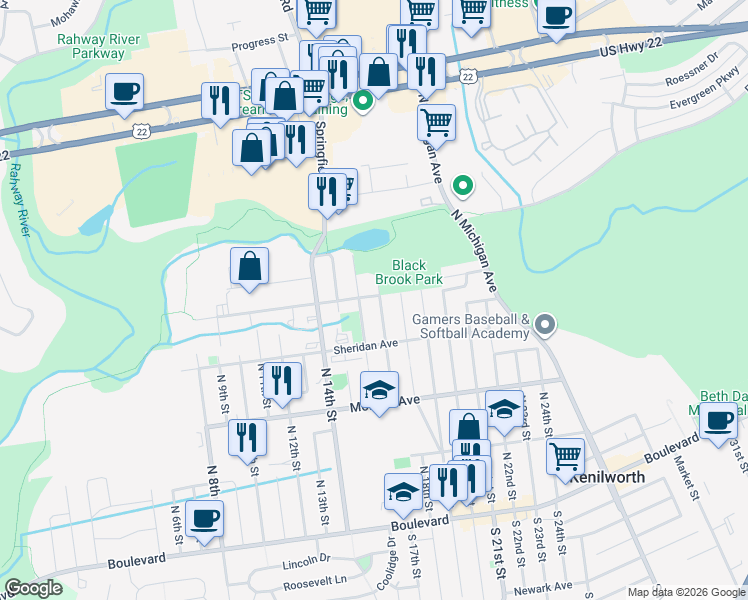 map of restaurants, bars, coffee shops, grocery stores, and more near 338 North 17th Street in Kenilworth