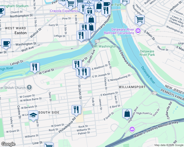 map of restaurants, bars, coffee shops, grocery stores, and more near 220 Folk Street in Easton