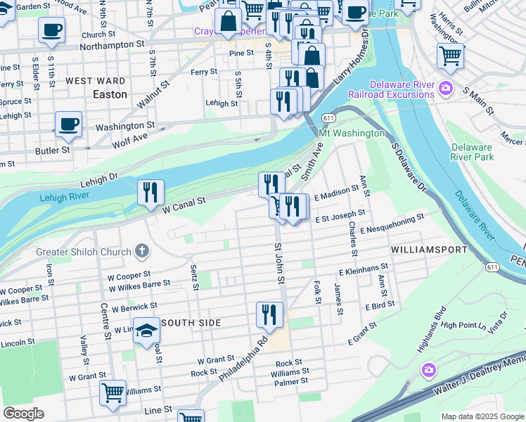 map of restaurants, bars, coffee shops, grocery stores, and more near 230 West Madison Street in Easton