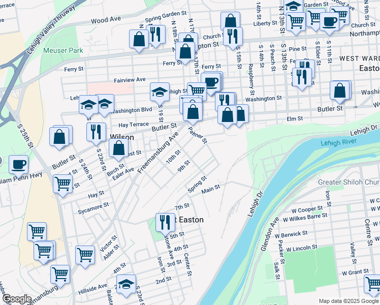 map of restaurants, bars, coffee shops, grocery stores, and more near 129 9th Street in Easton