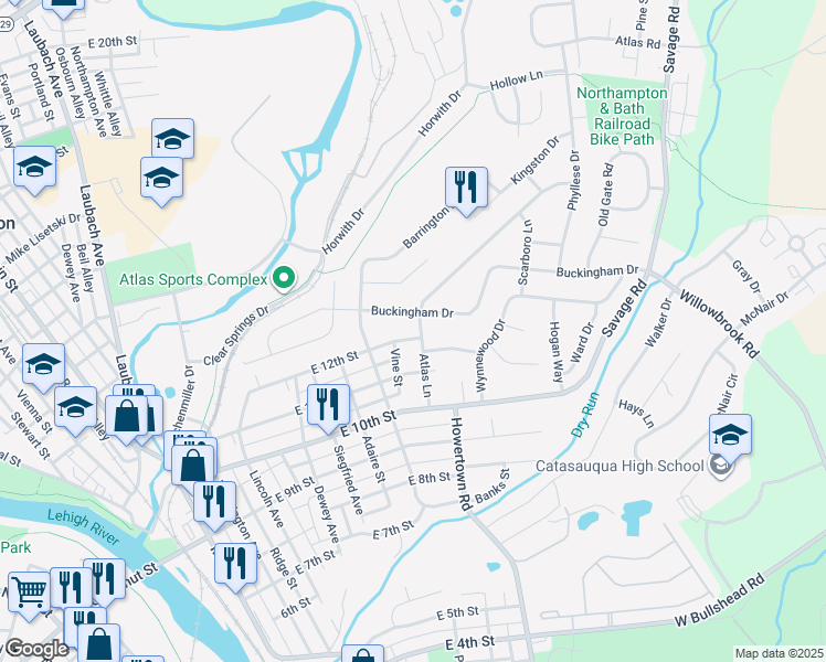 map of restaurants, bars, coffee shops, grocery stores, and more near 555 East 12th Street in Northampton