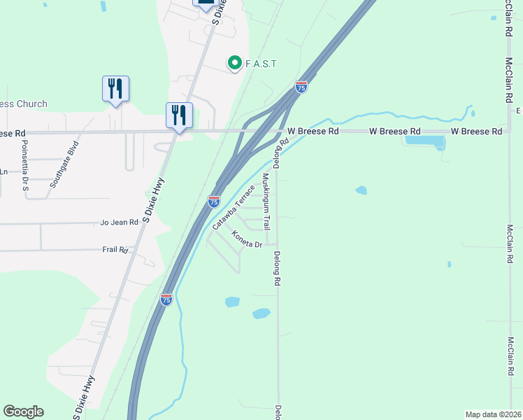 map of restaurants, bars, coffee shops, grocery stores, and more near 235-261 Muskingum Trail in Lima