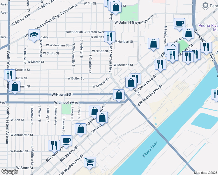map of restaurants, bars, coffee shops, grocery stores, and more near 922 West Howett Street in Peoria