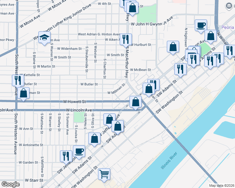 map of restaurants, bars, coffee shops, grocery stores, and more near 922 West Howett Street in Peoria