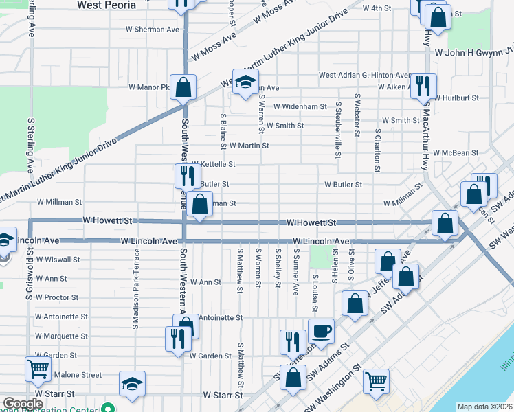 map of restaurants, bars, coffee shops, grocery stores, and more near 1610 West Millman Street in Peoria