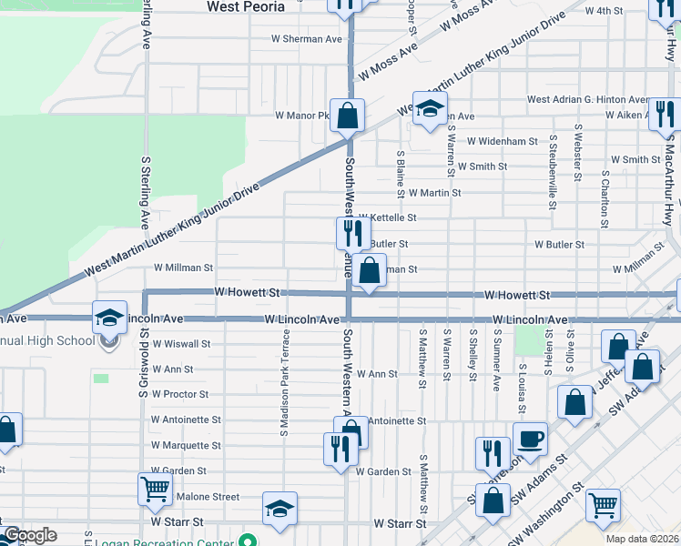 map of restaurants, bars, coffee shops, grocery stores, and more near 501 South Western Avenue in Peoria