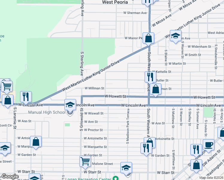 map of restaurants, bars, coffee shops, grocery stores, and more near 2200 W Millman St in Peoria