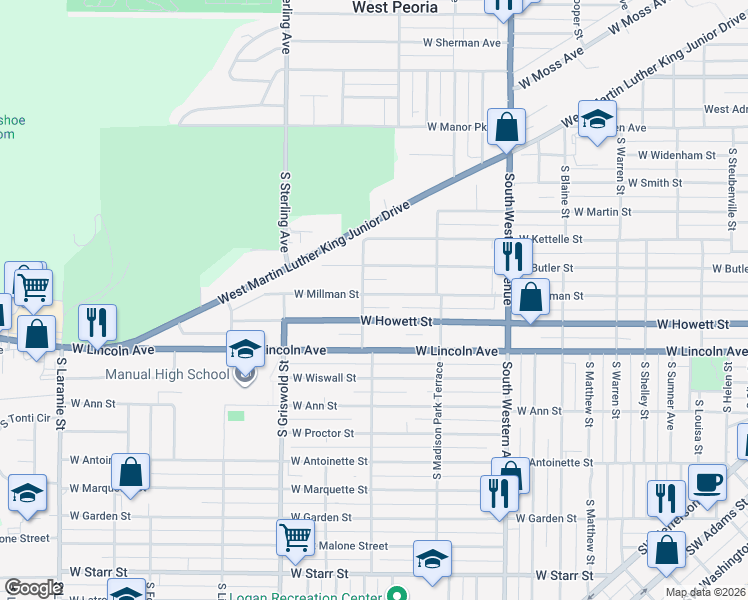 map of restaurants, bars, coffee shops, grocery stores, and more near 2304 West Millman Street in Peoria