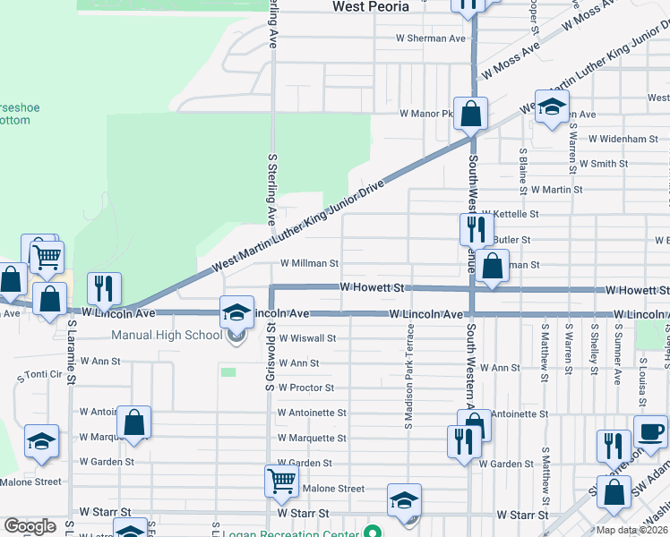 map of restaurants, bars, coffee shops, grocery stores, and more near 2304 West Millman Street in Peoria